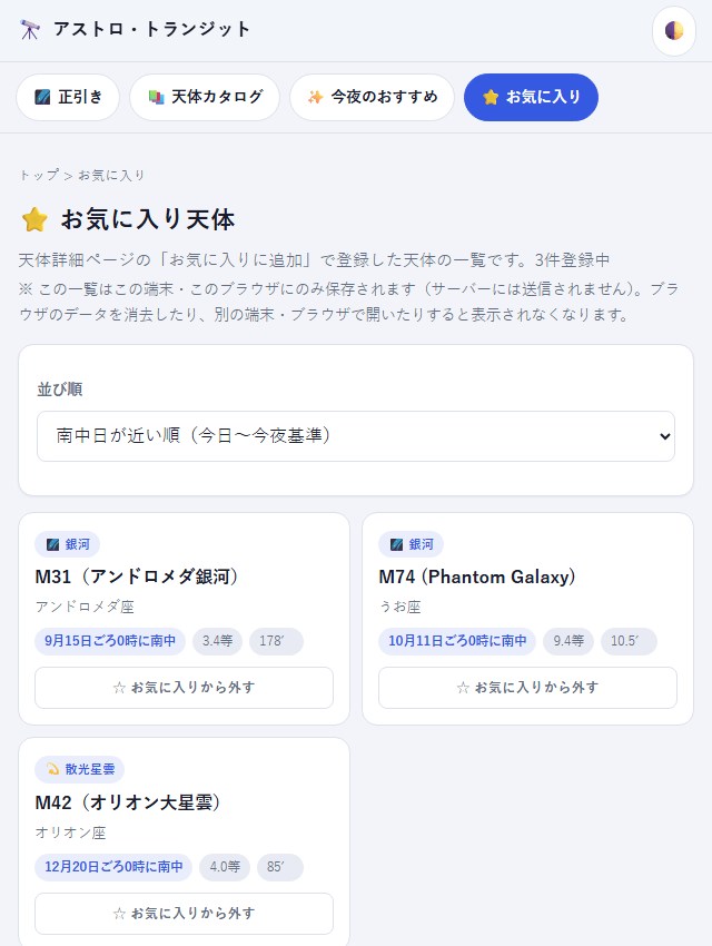 お気に入り天体の一覧ページ。登録した天体が南中日の近い順にカード形式で並んでいる