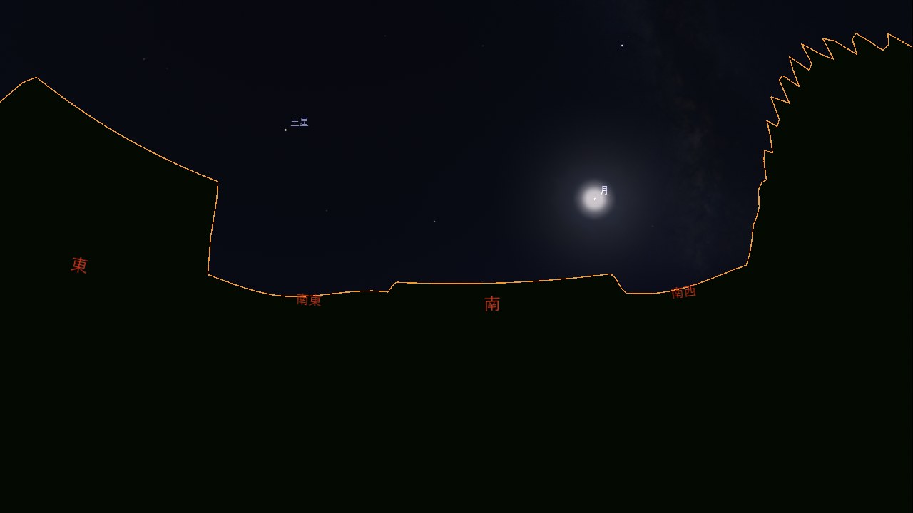 Stellarium にスカイラインを適用した画面。南向きの夜空で、左に東の建物、右に西の木の輪郭が橙色の線で描かれ、その上に月と土星が見える