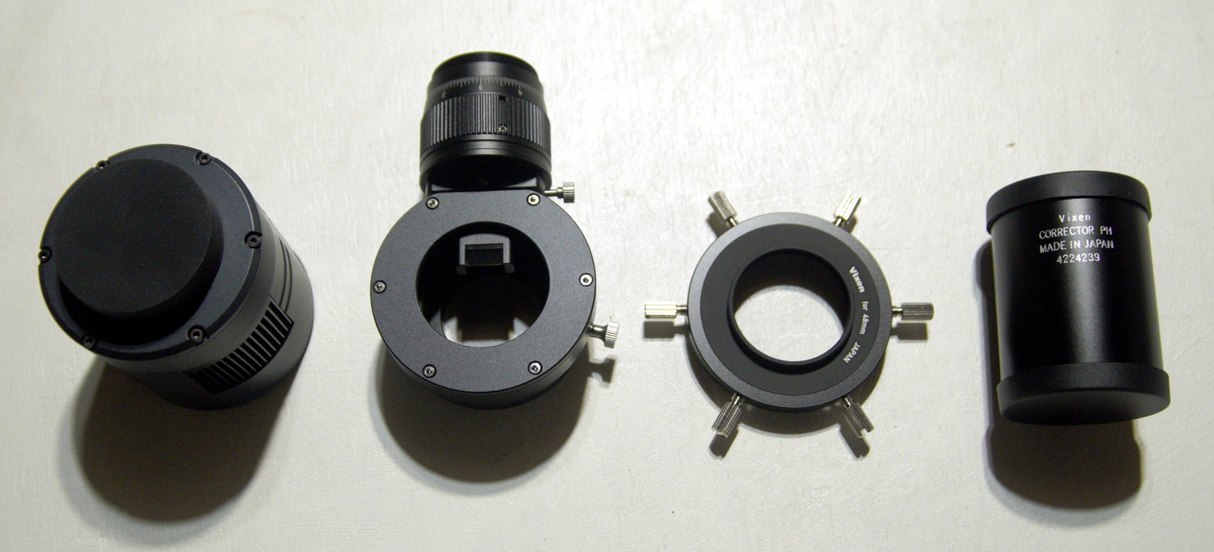 左からカメラ、OAG、ビクセン カメラアダプター60 for M48、コレクターPH